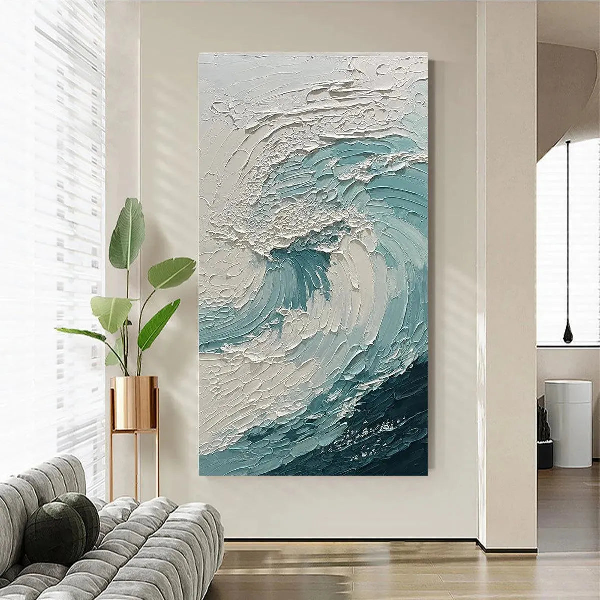 AQUAMARINE CREST: Textured Ocean Wave Painting, Vertical Canvas, Coastal Wall Art - Image 5
