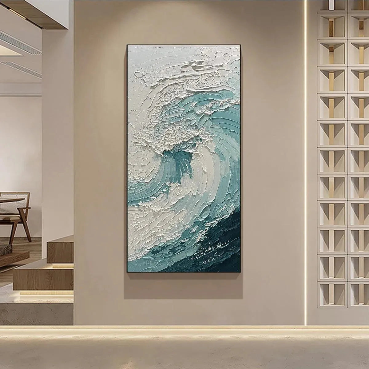AQUAMARINE CREST: Textured Ocean Wave Painting, Vertical Canvas, Coastal Wall Art - Image 6