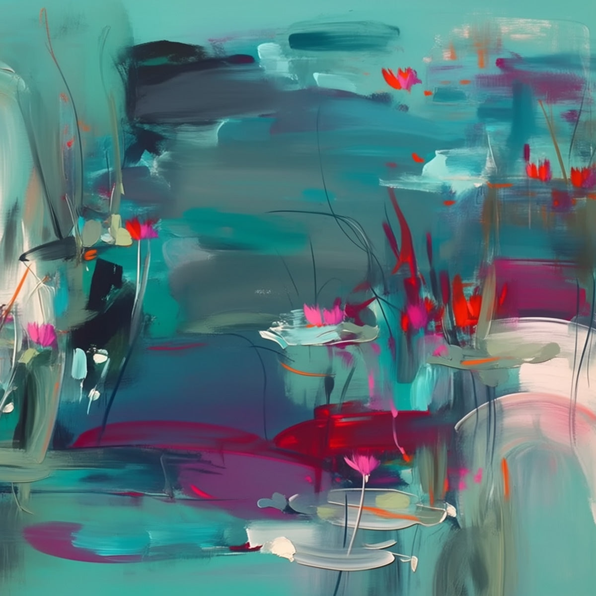 AQUATIC REVERIE: Vibrant Abstract Water Lily Pond Painting - Image 5