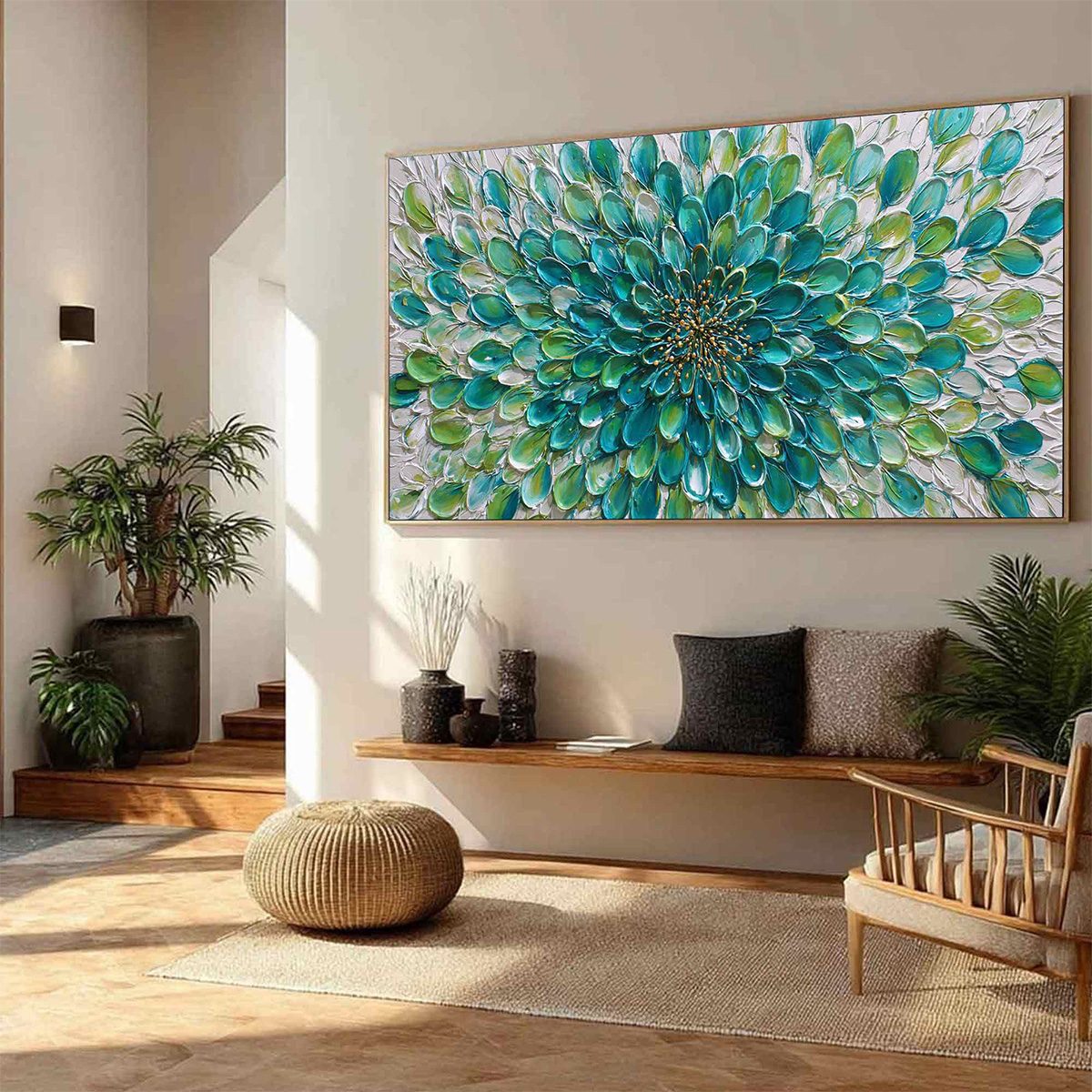 AQUA BLOOM: Textured Impasto Floral Oil Painting - Image 4
