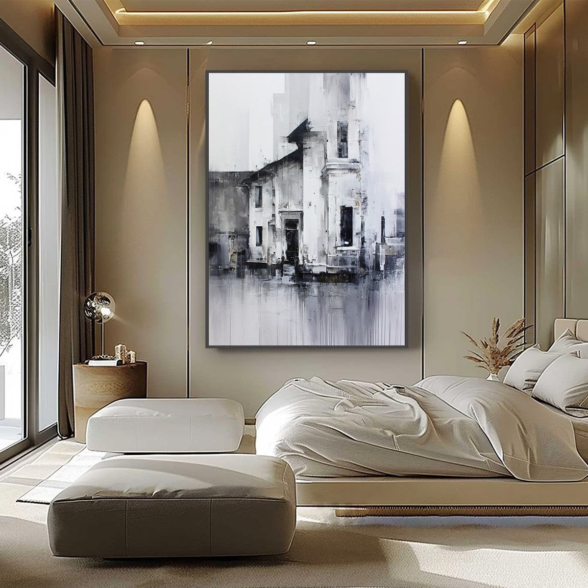 ARCHITECTURAL ECHO: Monochrome Abstract Cityscape Painting - Image 2