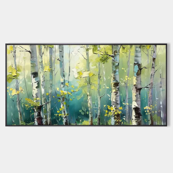 ASPEN GROVE: Textured Birch Tree Painting, Green and Yellow Forest Wall Art, Panoramic Canvas, Nature-Inspired Decor