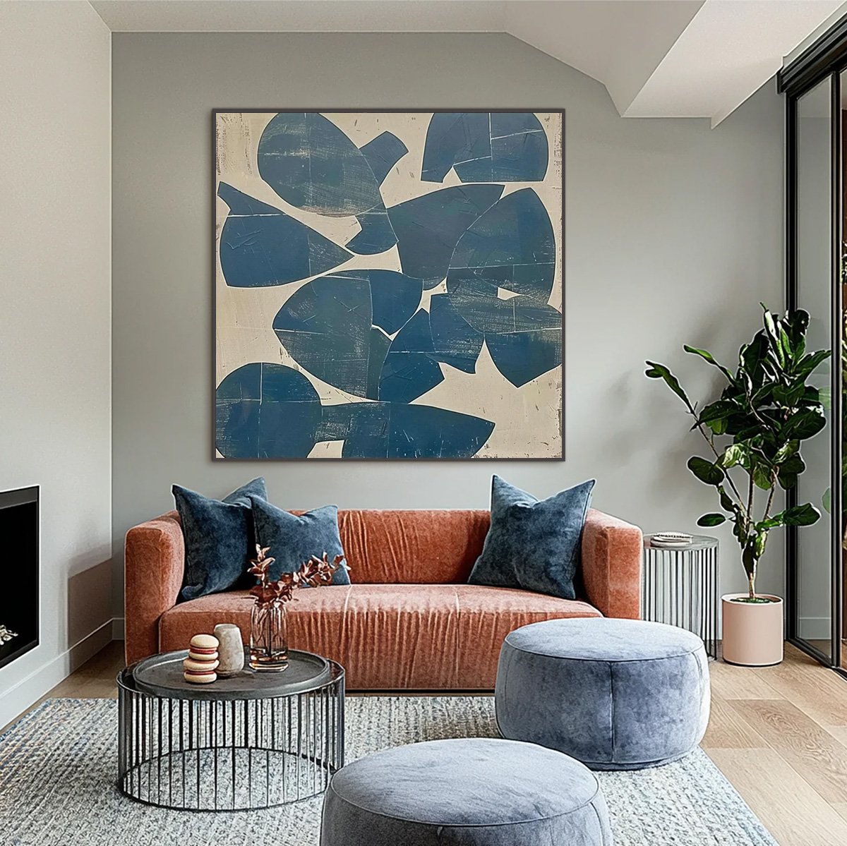 ASSEMBLAGE: Minimalist Blue and Beige Abstract Painting - Image 2