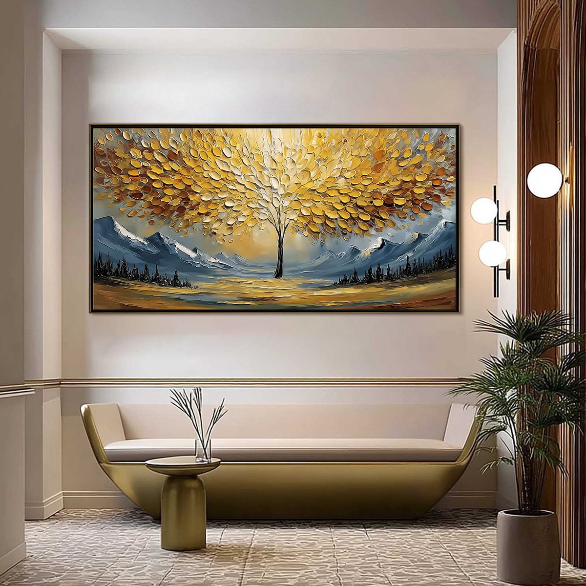 AURA OF GOLD: Textured Golden Tree of Life Landscape Painting - Image 2