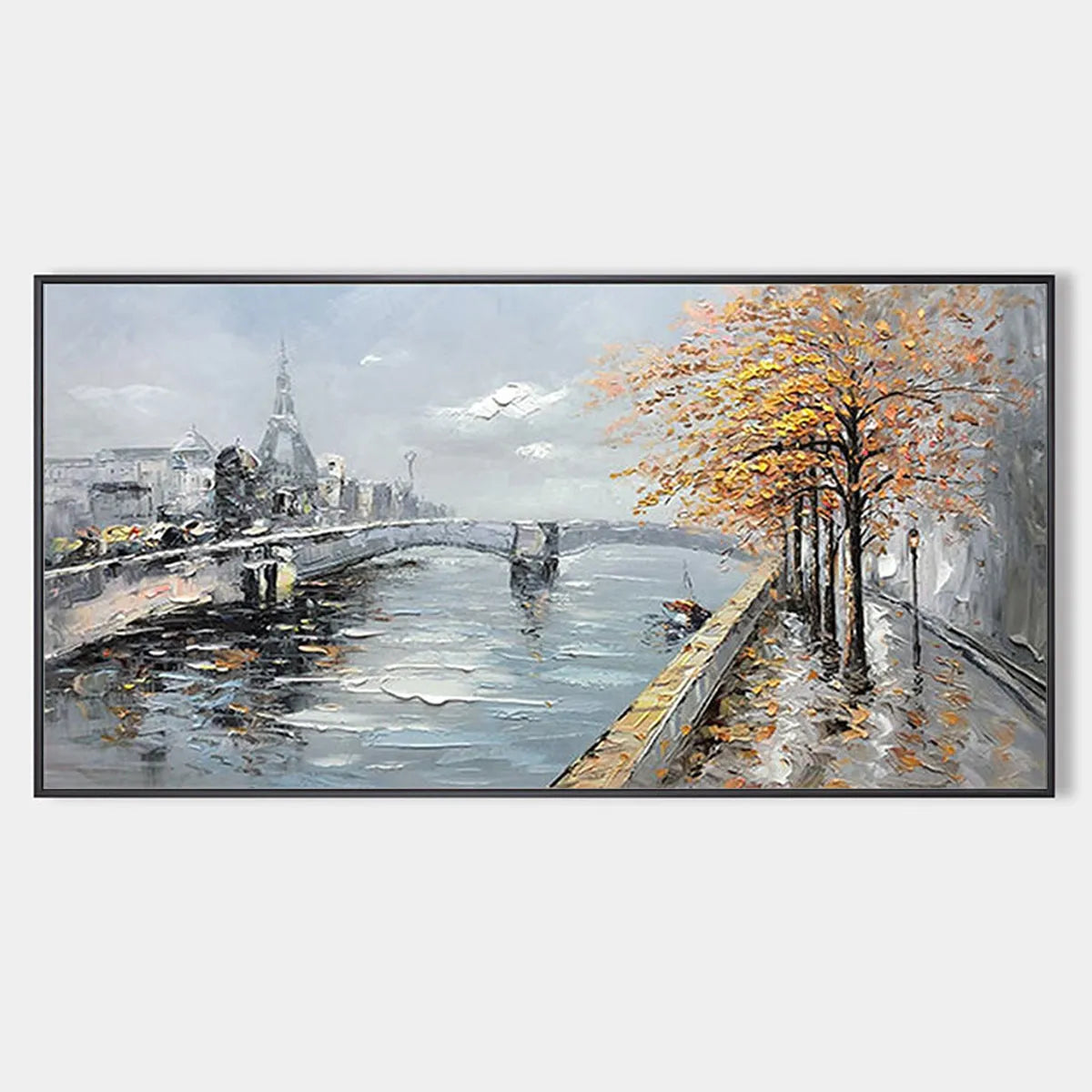 AUTUMNAL RIVER WALK: Panoramic Cityscape Oil Painting with River and Trees