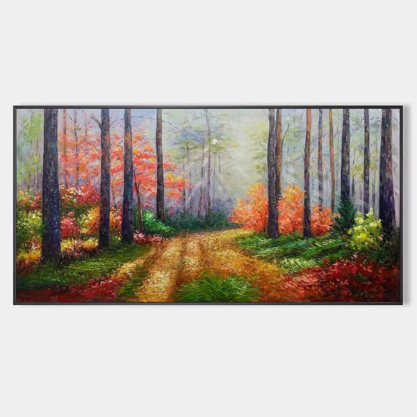 AUTUMN FOREST PATH: Panoramic Forest Landscape Painting, Autumn Colors Wall Art, Nature Decor, Canvas Artwork