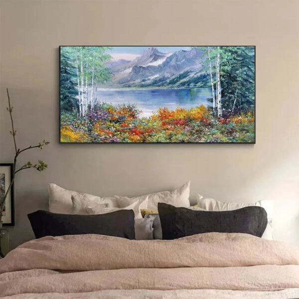 AUTUMN LAKE: Panoramic Autumn Landscape Painting with Lake and Mountains