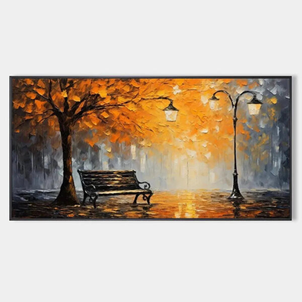 AUTUMN PARK BENCH: Impressionistic Park Painting in Orange and Grey