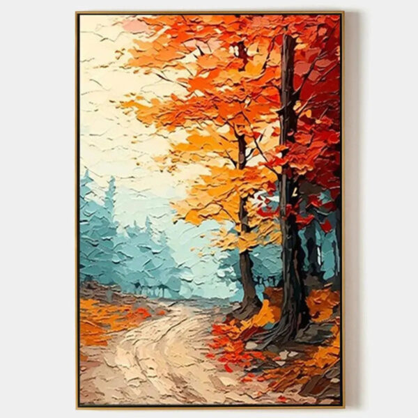 AUTUMN PATH: Textured Forest Path Painting, Orange and Blue Wall Art, Vertical Canvas, Impasto Decor