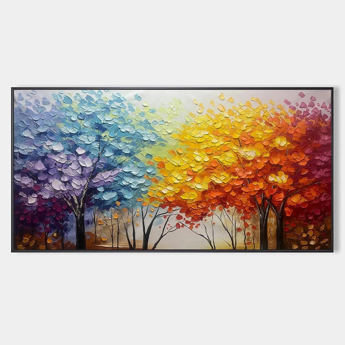 AUTUMN RAINBOW: Panoramic Tree Painting in Vibrant Colors, Textured Canvas, Modern Wall Art