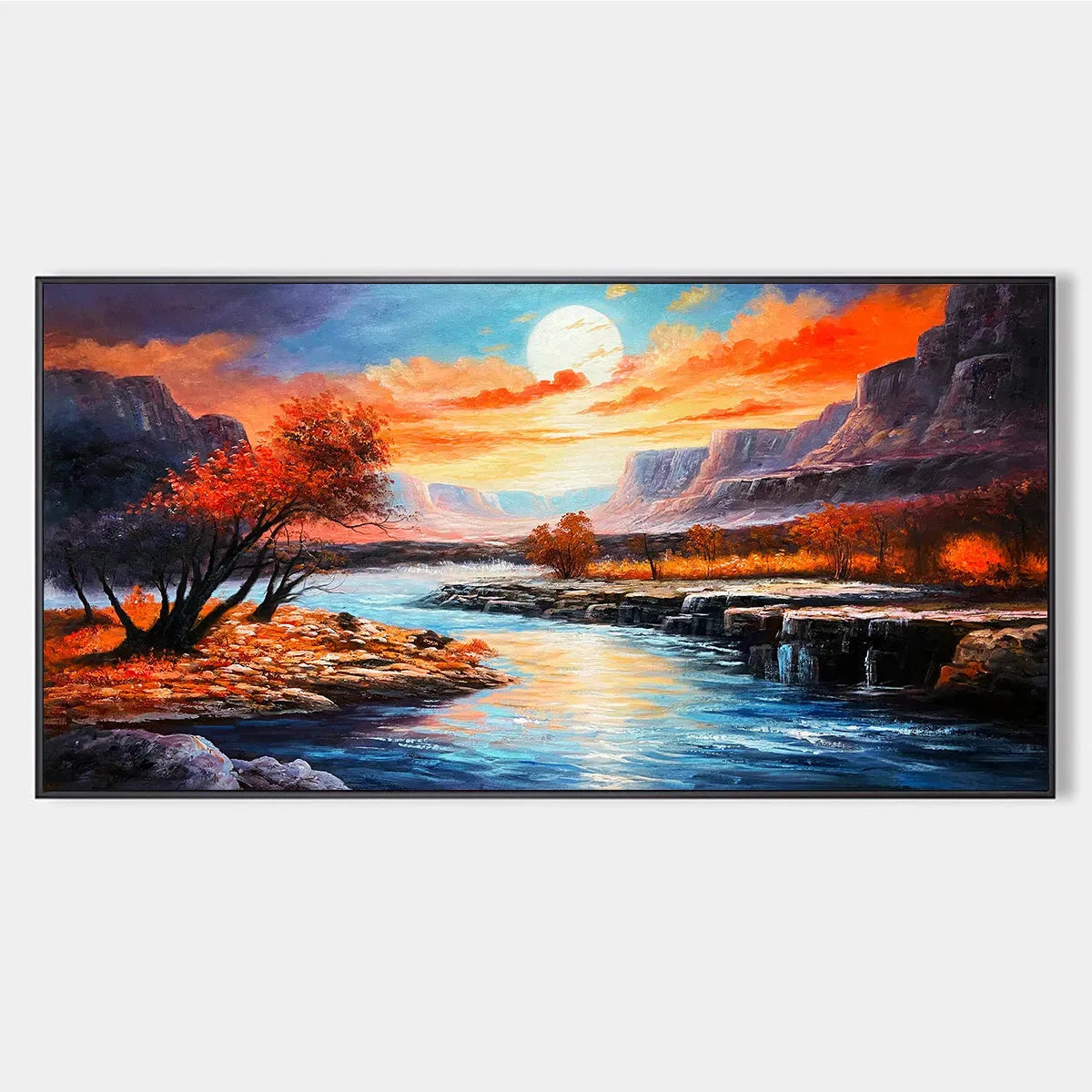 AUTUMN RIVER: Landscape Painting of a River at Sunset, Mountains, and Autumn Trees, Modern Wall Art