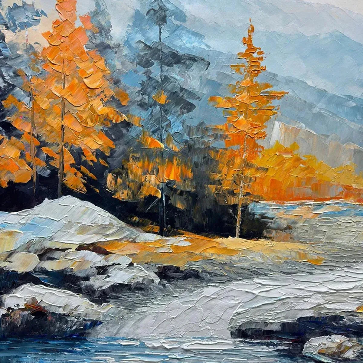 AUTUMN RIVER: Textured Landscape Painting with River and Mountains - Image 3