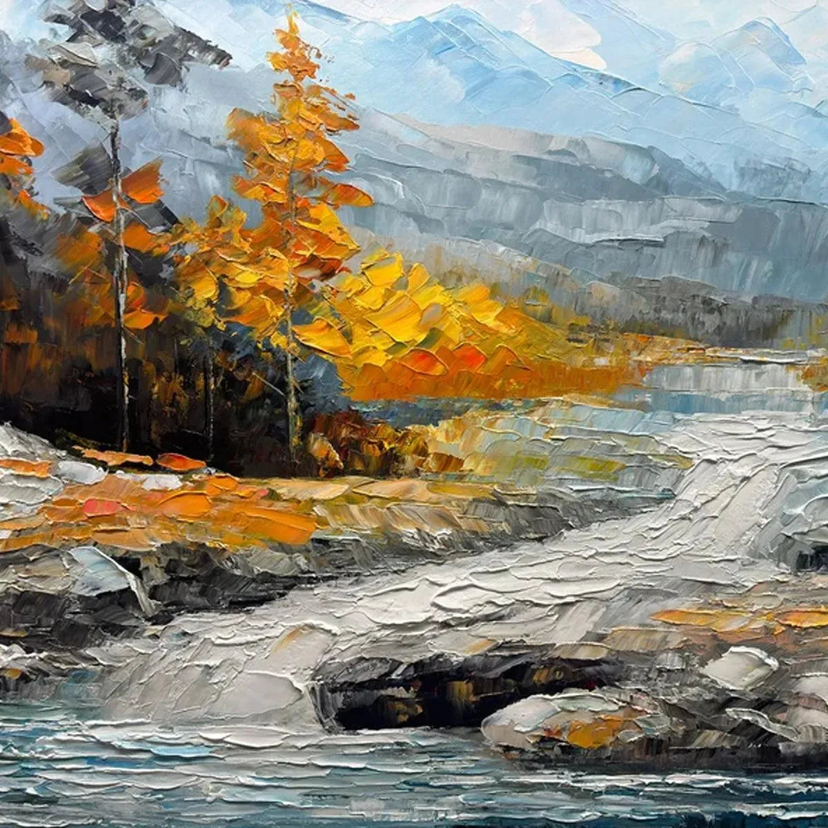 AUTUMN RIVER: Textured Landscape Painting with River and Mountains - Image 6