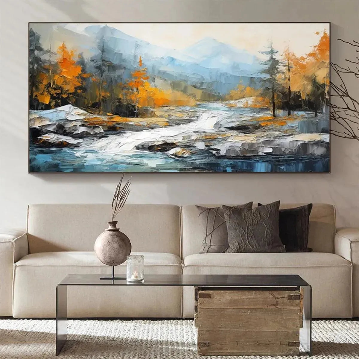 AUTUMN RIVER: Textured Landscape Painting with River and Mountains - Image 5