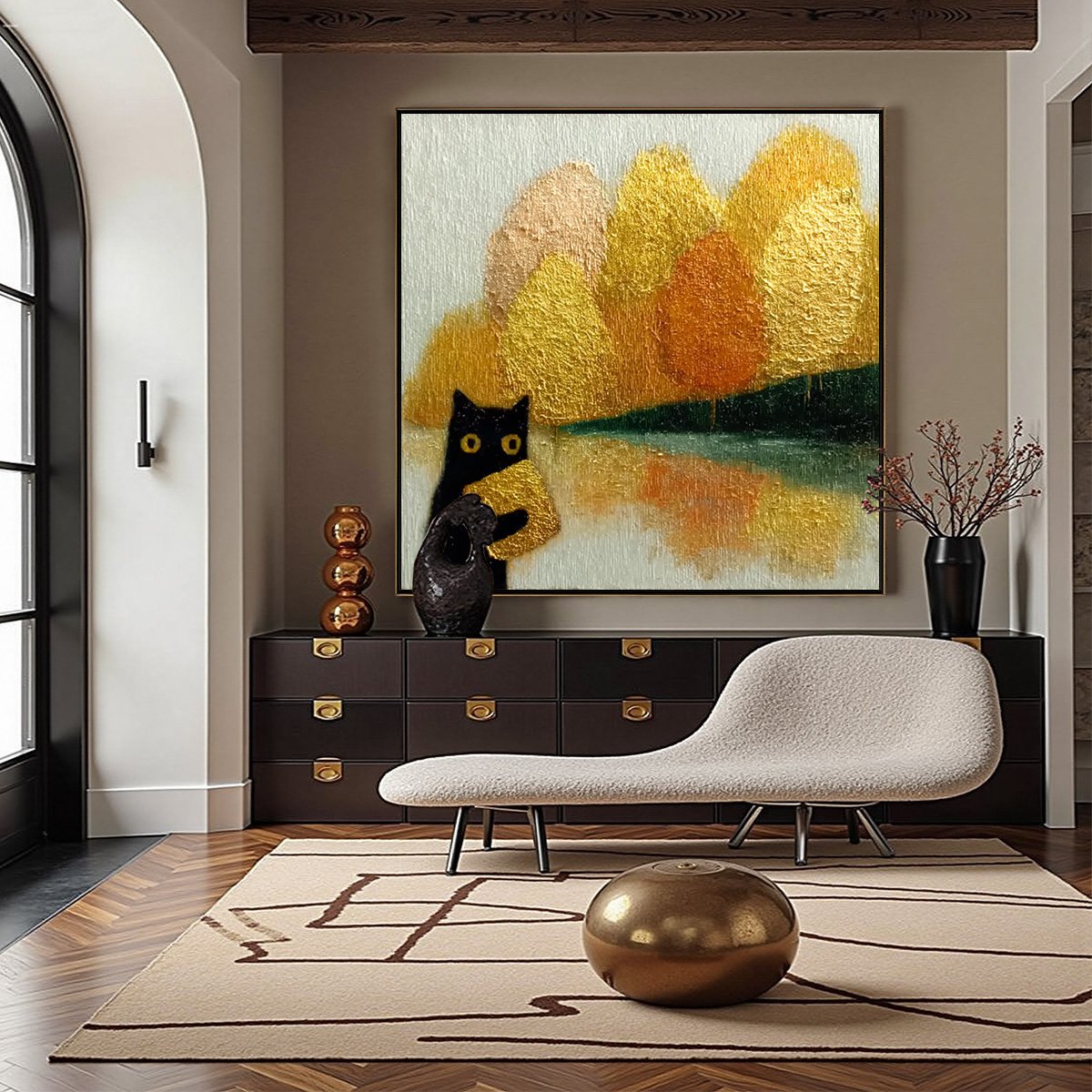 AUTUMN'S TREASURE: Whimsical Textured Gold Leaf Cat Painting - Image 2