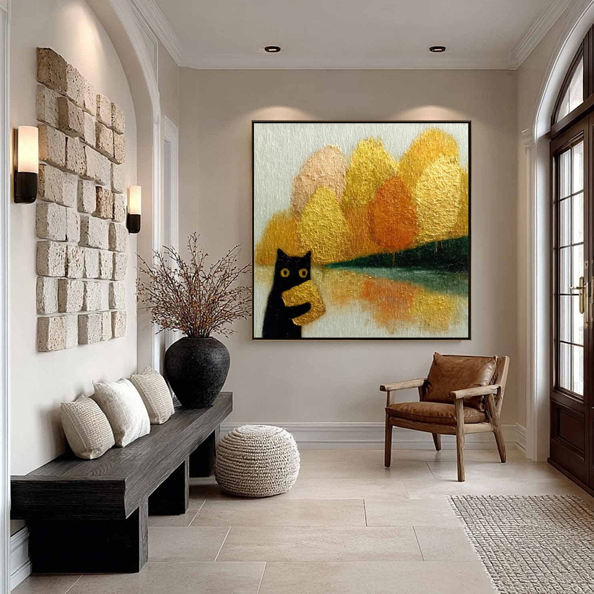 AUTUMN'S TREASURE: Whimsical Textured Gold Leaf Cat Painting - Image 4