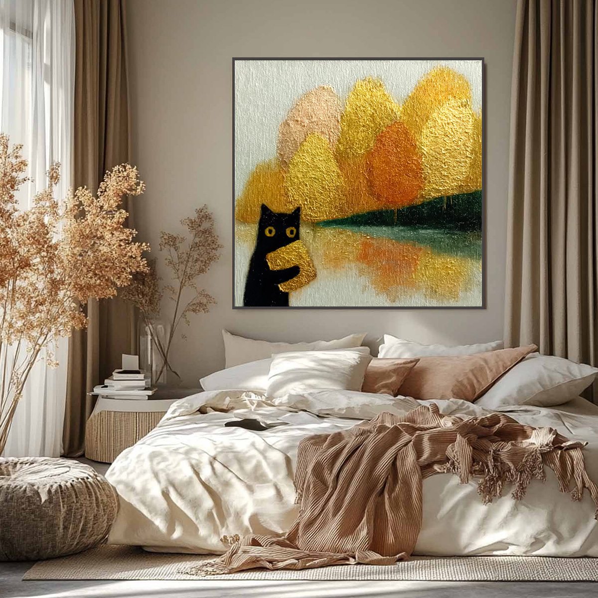AUTUMN'S TREASURE: Whimsical Textured Gold Leaf Cat Painting - Image 6
