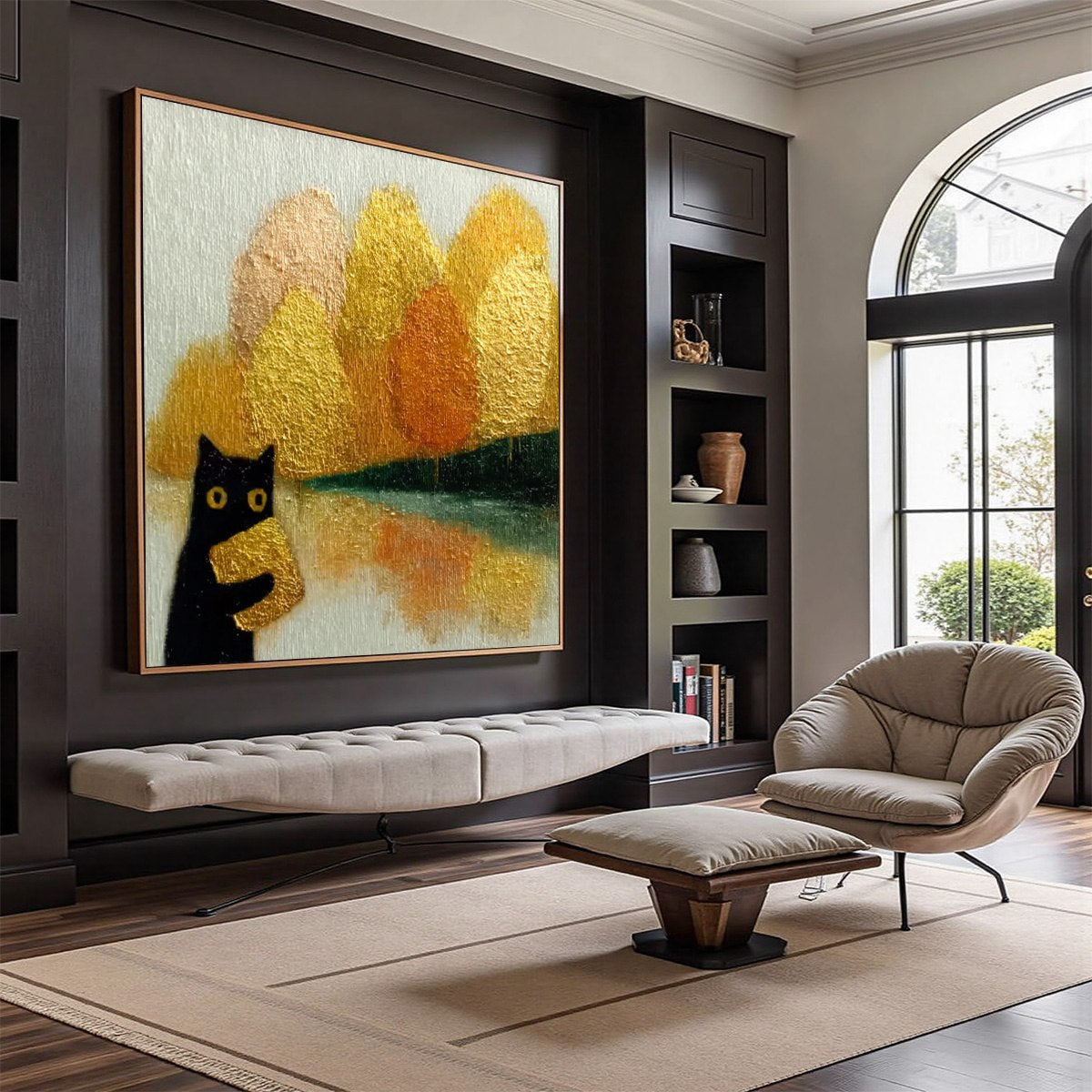 AUTUMN'S TREASURE: Whimsical Textured Gold Leaf Cat Painting - Image 7