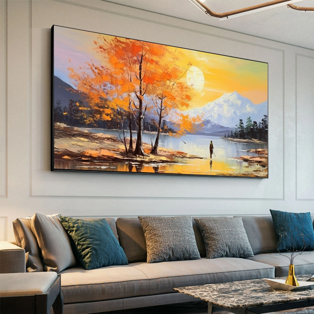 AUTUMN SERENADE: Tranquil Lake and Mountain Landscape Oil Painting - Image 5