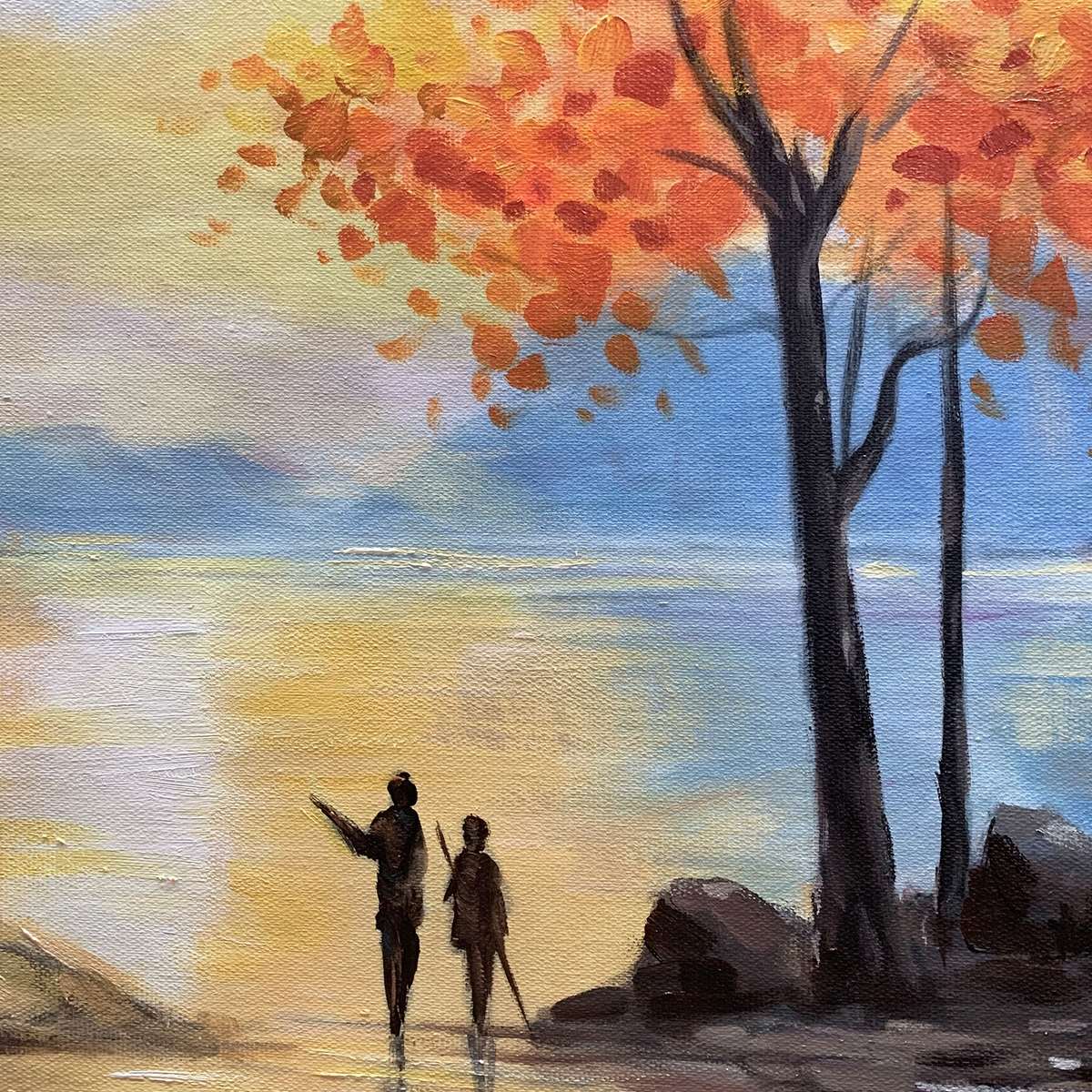 AUTUMN SERENADE: Tranquil Lake and Mountain Landscape Oil Painting - Image 6