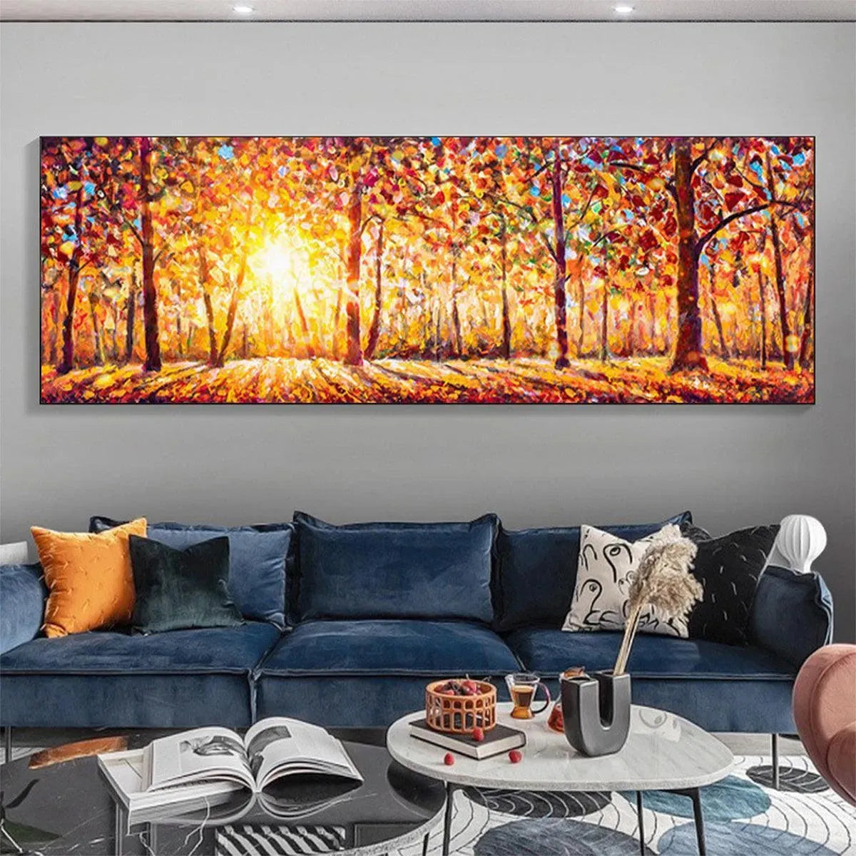 AUTUMN SUNRISE: Panoramic Forest Landscape Painting in Orange and Yellow - Image 4