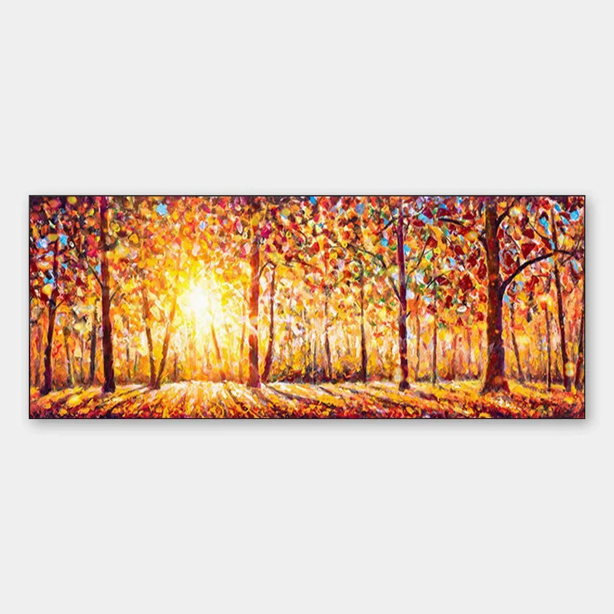 AUTUMN SUNRISE: Panoramic Forest Landscape Painting in Orange and Yellow