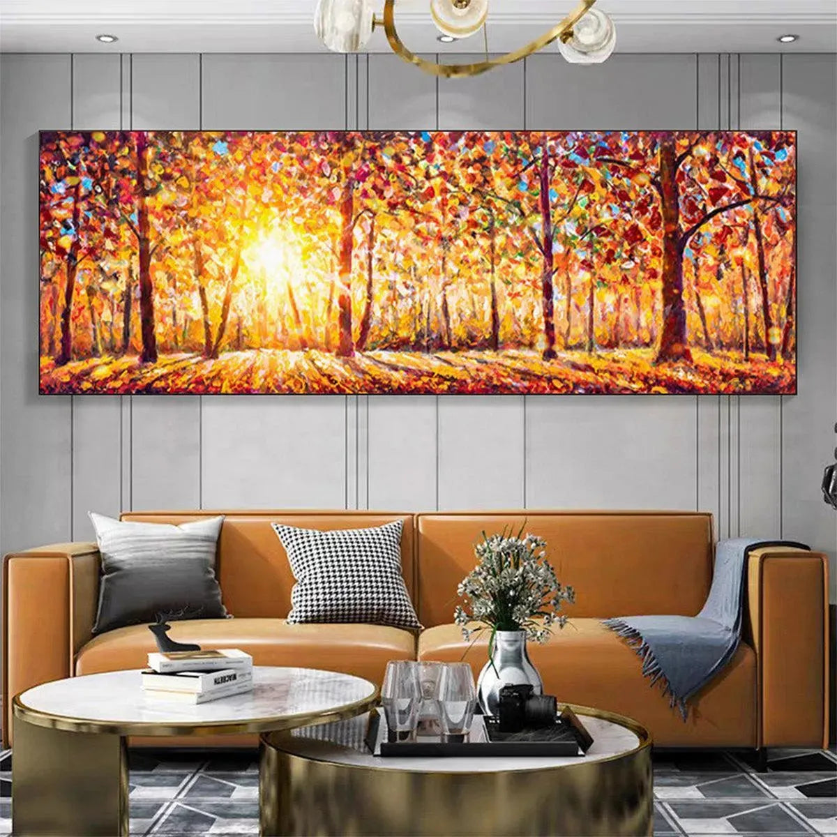 AUTUMN SUNRISE: Panoramic Forest Landscape Painting in Orange and Yellow - Image 5