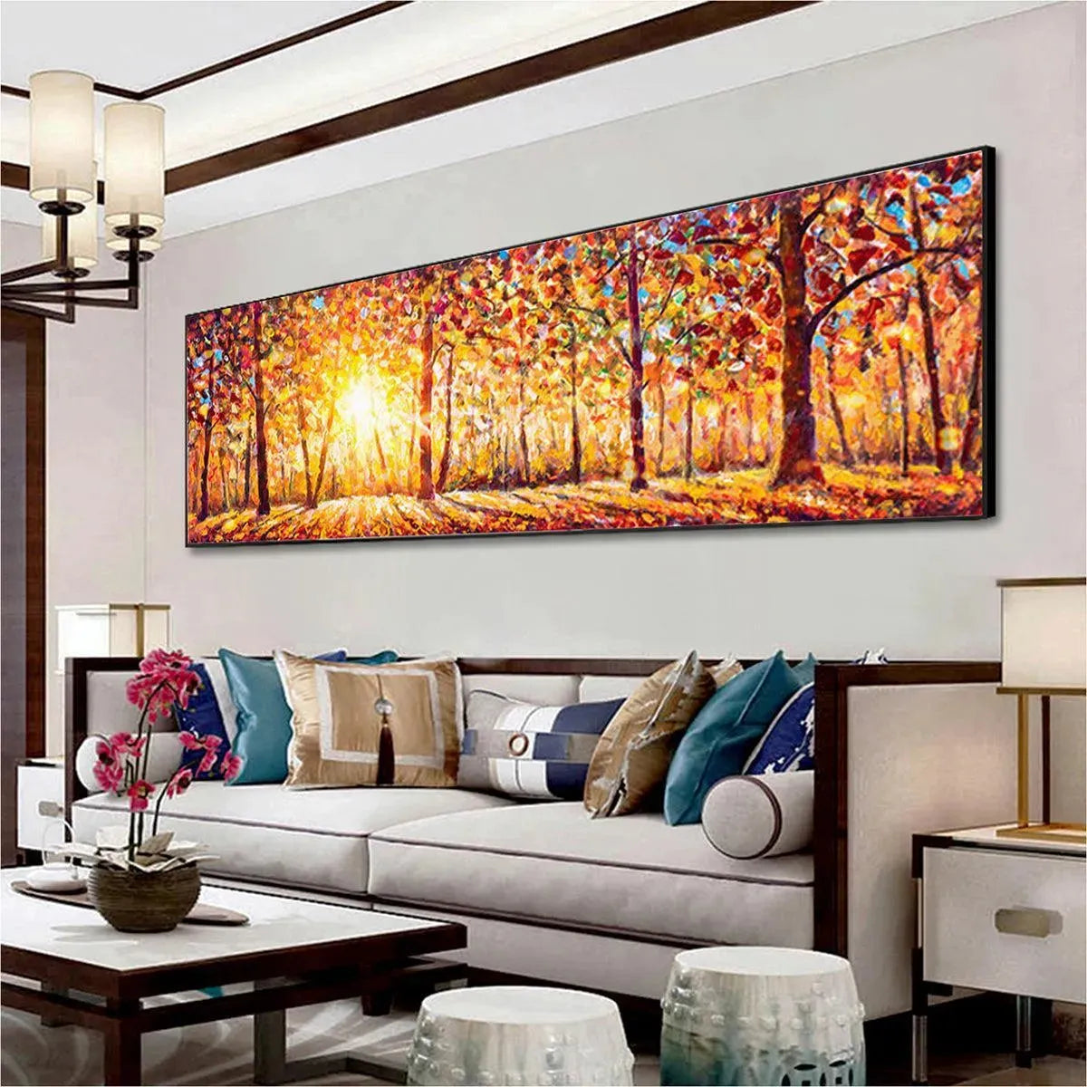 AUTUMN SUNRISE: Panoramic Forest Landscape Painting in Orange and Yellow - Image 7