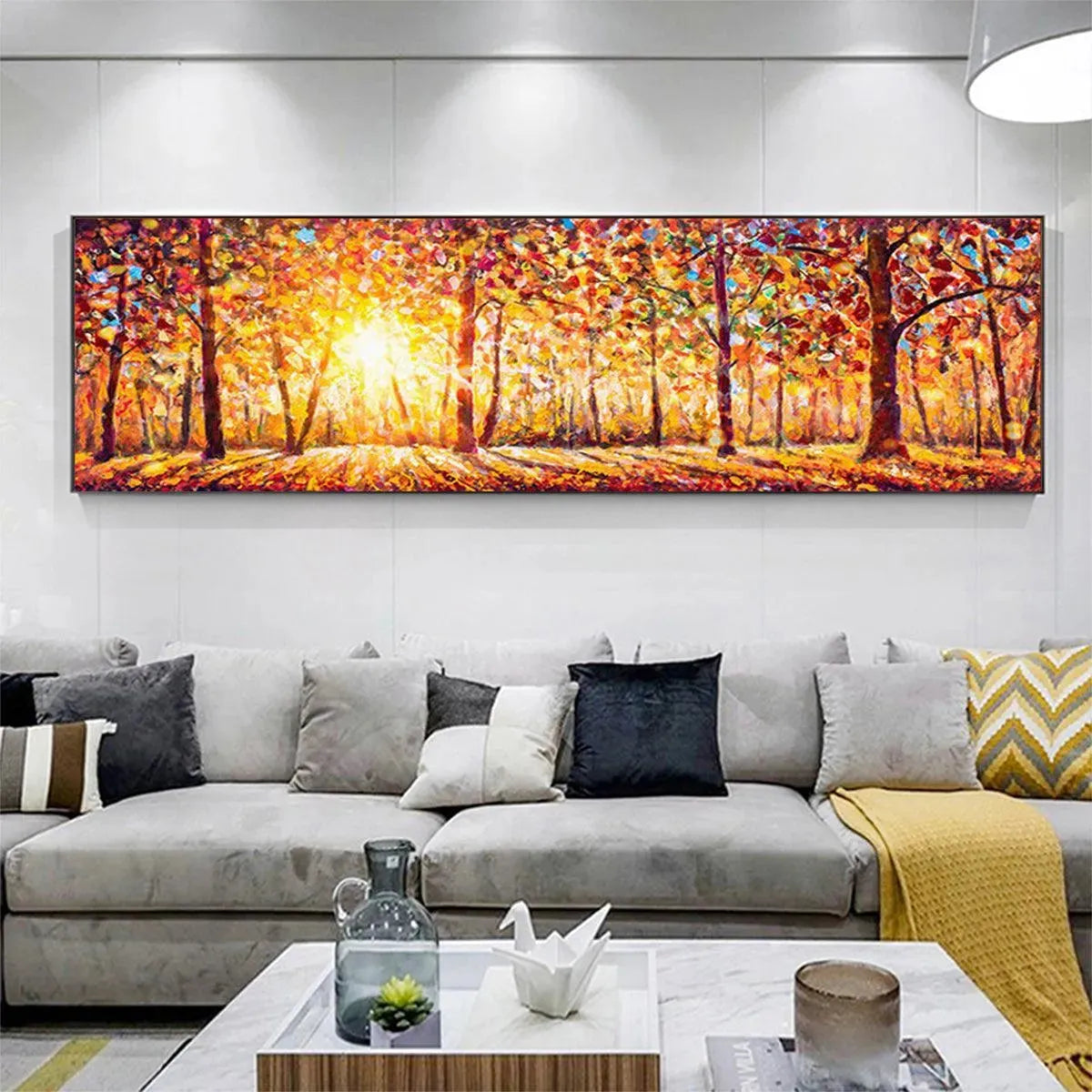 AUTUMN SUNRISE: Panoramic Forest Landscape Painting in Orange and Yellow - Image 8