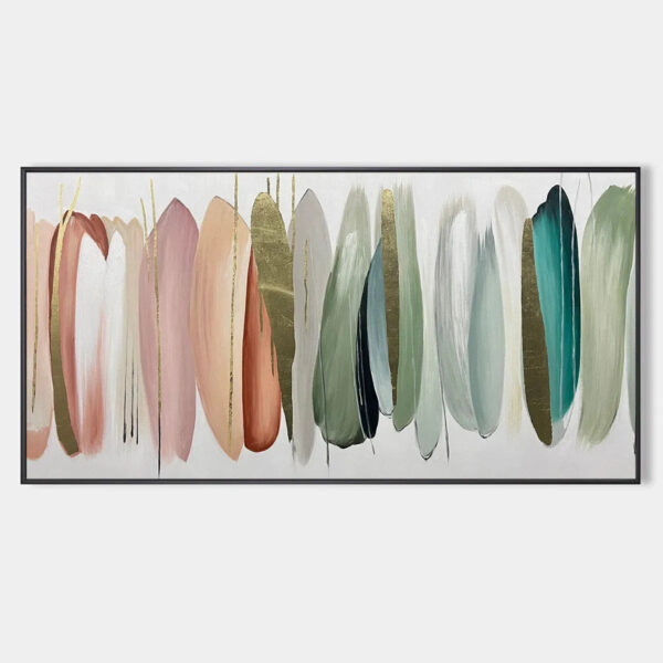 AUTUMN WHISPERS: Abstract Painting in Pink, Green, and Gold, Horizontal Canvas, Modern Wall Art