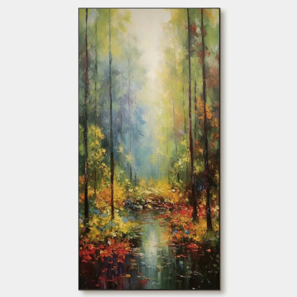 AUTUMN WOODLAND STREAM: Vertical Landscape Oil Painting, Forest Scene with Stream, Fall Colors, Nature Wall Art