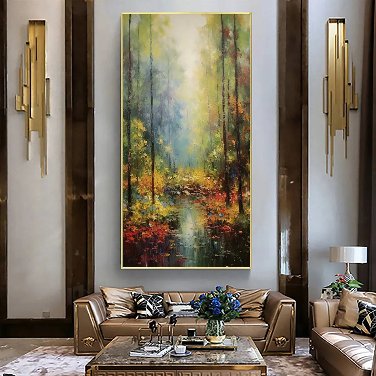 AUTUMN WOODLAND STREAM: Vertical Landscape Oil Painting, Forest Scene with Stream, Fall Colors, Nature Wall Art - Image 5