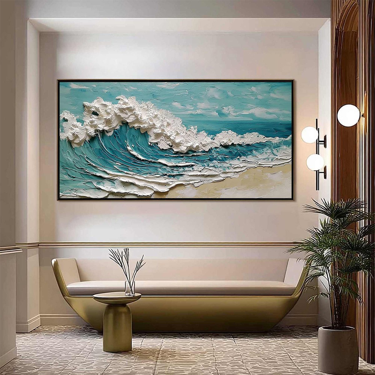 AZURE CREST: Heavily Textured Impasto Ocean Wave Oil Painting - Image 2