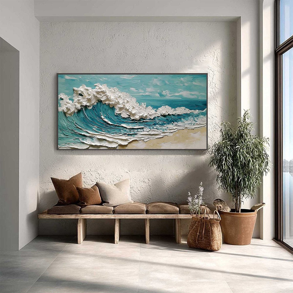 AZURE CREST: Heavily Textured Impasto Ocean Wave Oil Painting - Image 4