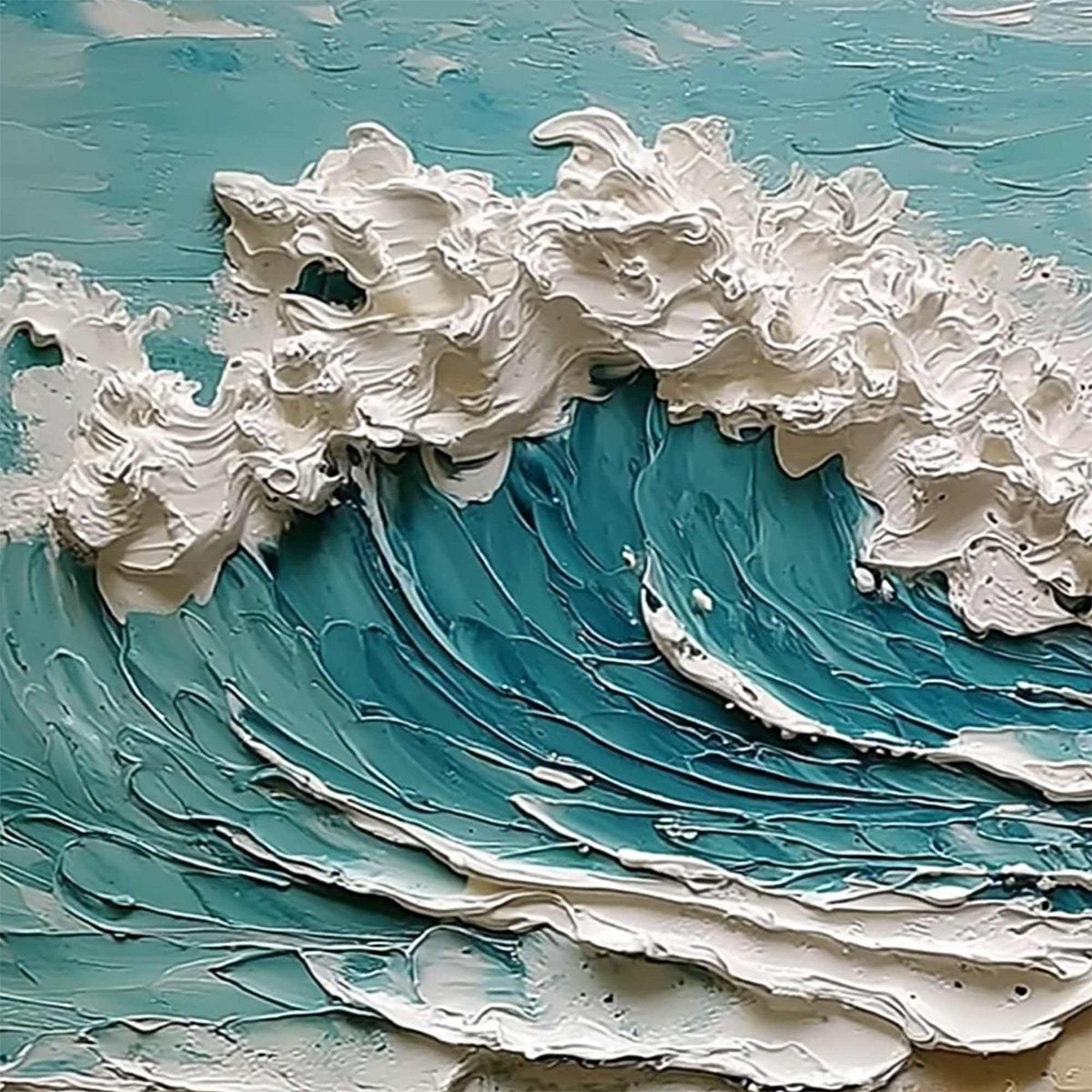 AZURE CREST: Heavily Textured Impasto Ocean Wave Oil Painting - Image 3