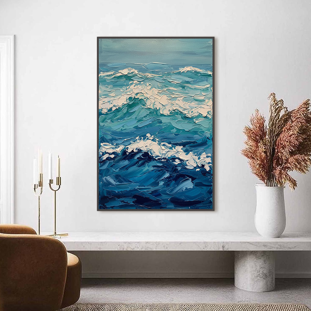 AZURE CREST: Textured Impasto Ocean Wave Wall Art - Image 2