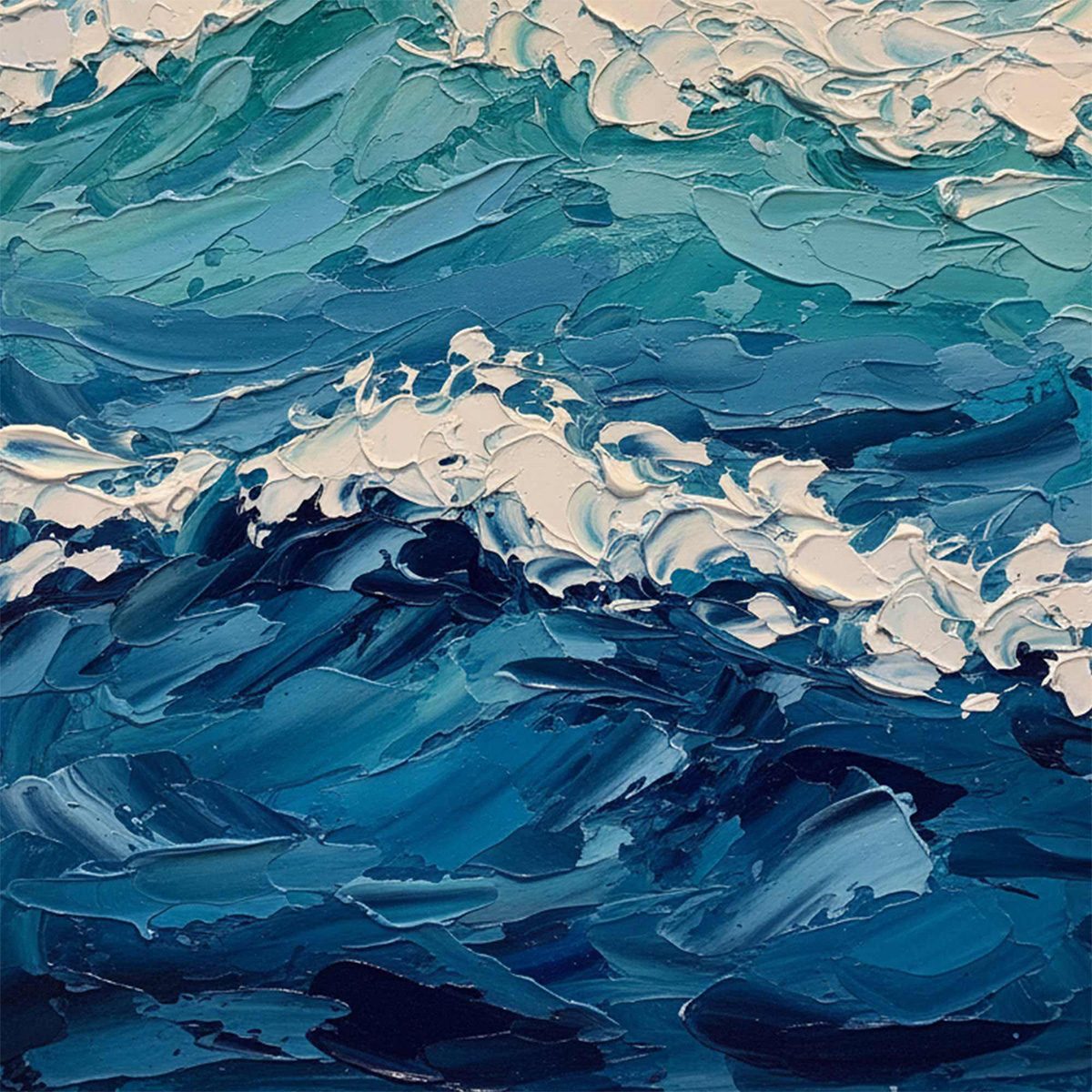 AZURE CREST: Textured Impasto Ocean Wave Wall Art - Image 3