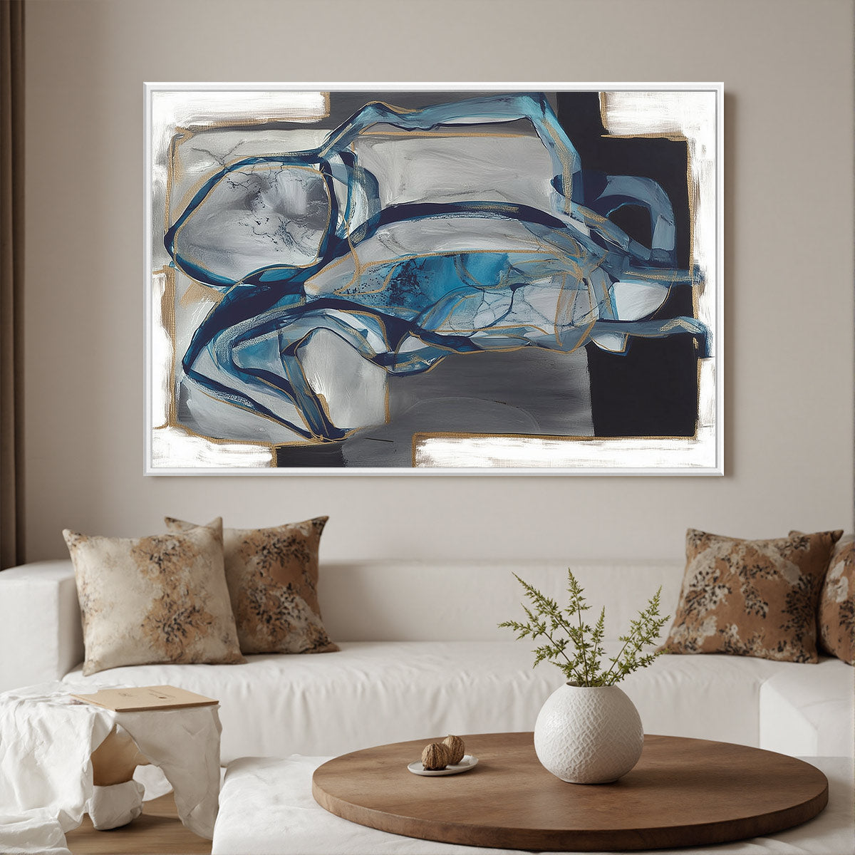 AZURE DEPTHS: Abstract Blue and Gold Oil Painting - Image 8