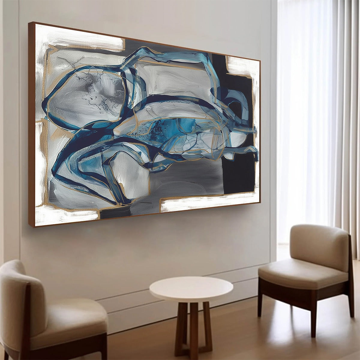 AZURE DEPTHS: Abstract Blue and Gold Oil Painting - Image 3