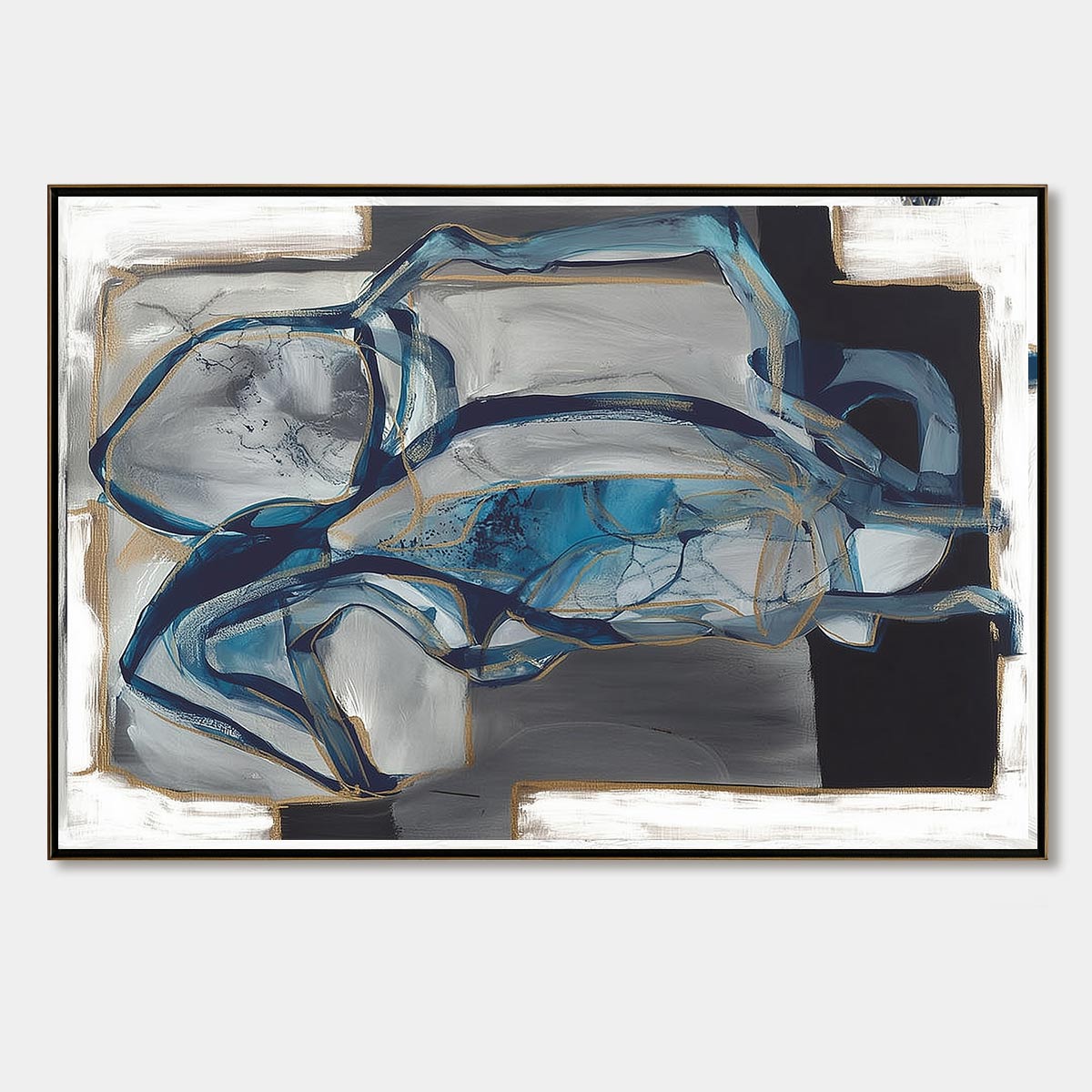 AZURE DEPTHS: Abstract Blue and Gold Oil Painting
