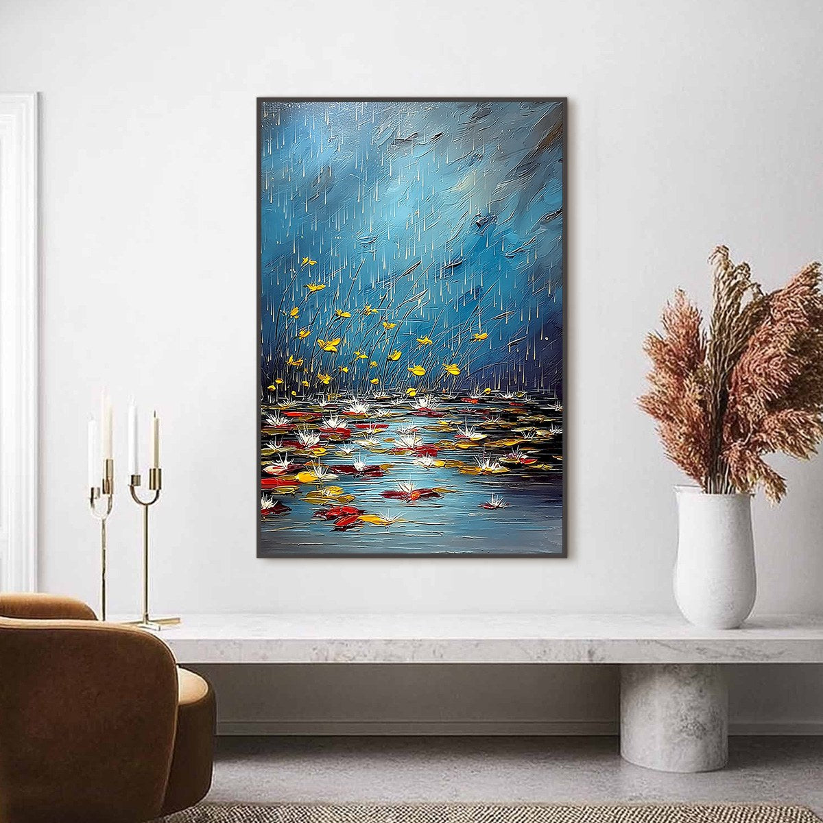 AZURE REVERIE: Textured Impasto Painting of a Lily Pond in the Rain - Image 2