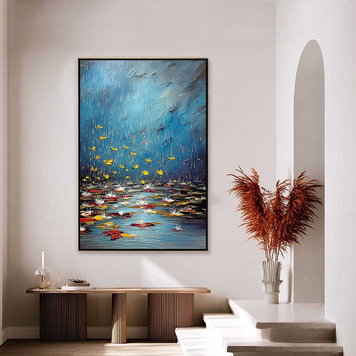 AZURE REVERIE: Textured Impasto Painting of a Lily Pond in the Rain - Image 4