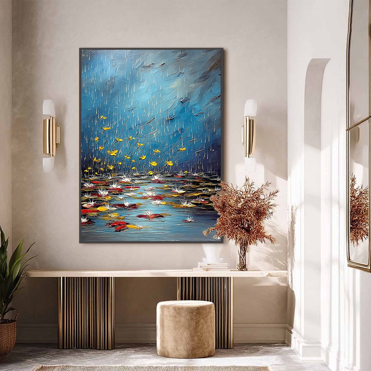 AZURE REVERIE: Textured Impasto Painting of a Lily Pond in the Rain - Image 6