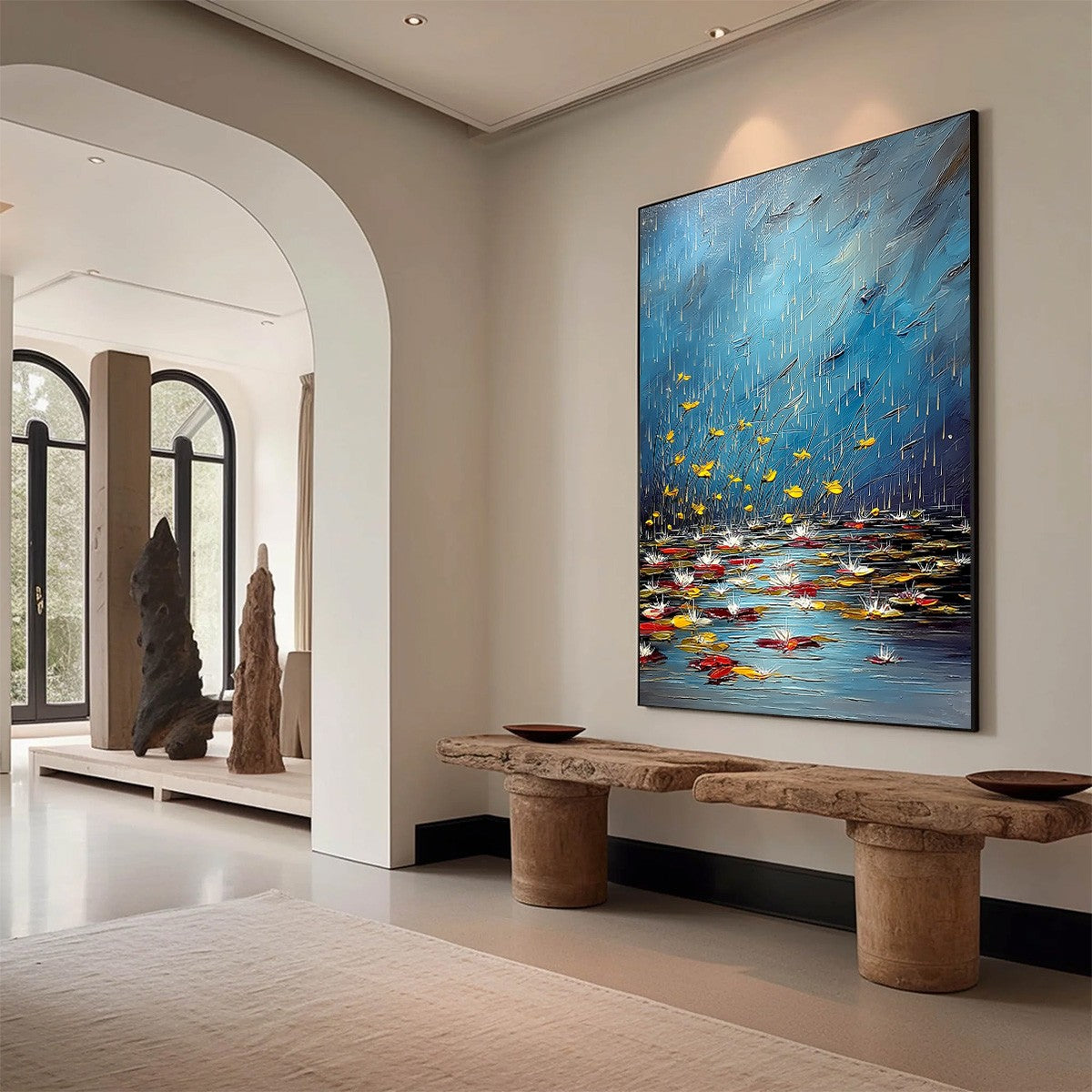 AZURE REVERIE: Textured Impasto Painting of a Lily Pond in the Rain - Image 7