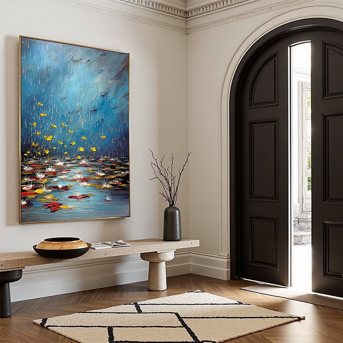 AZURE REVERIE: Textured Impasto Painting of a Lily Pond in the Rain - Image 8