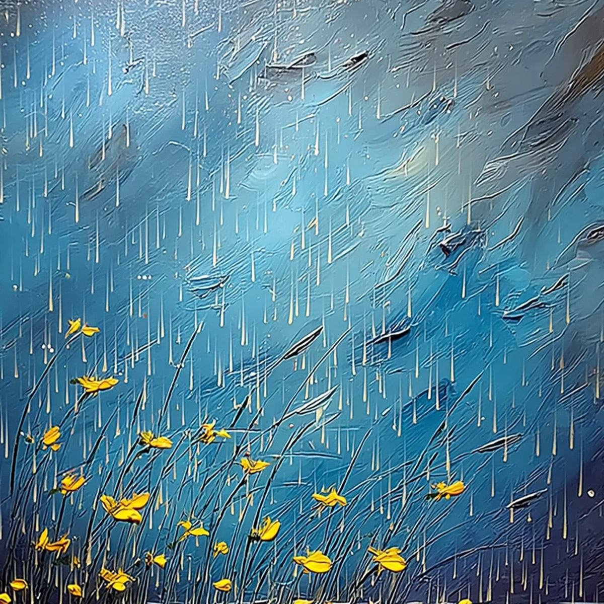 AZURE REVERIE: Textured Impasto Painting of a Lily Pond in the Rain - Image 3