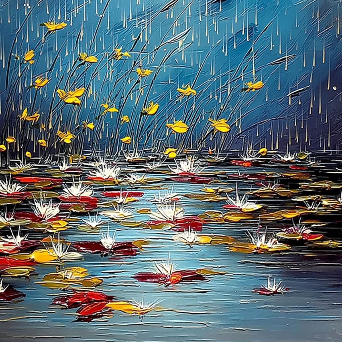 AZURE REVERIE: Textured Impasto Painting of a Lily Pond in the Rain - Image 5