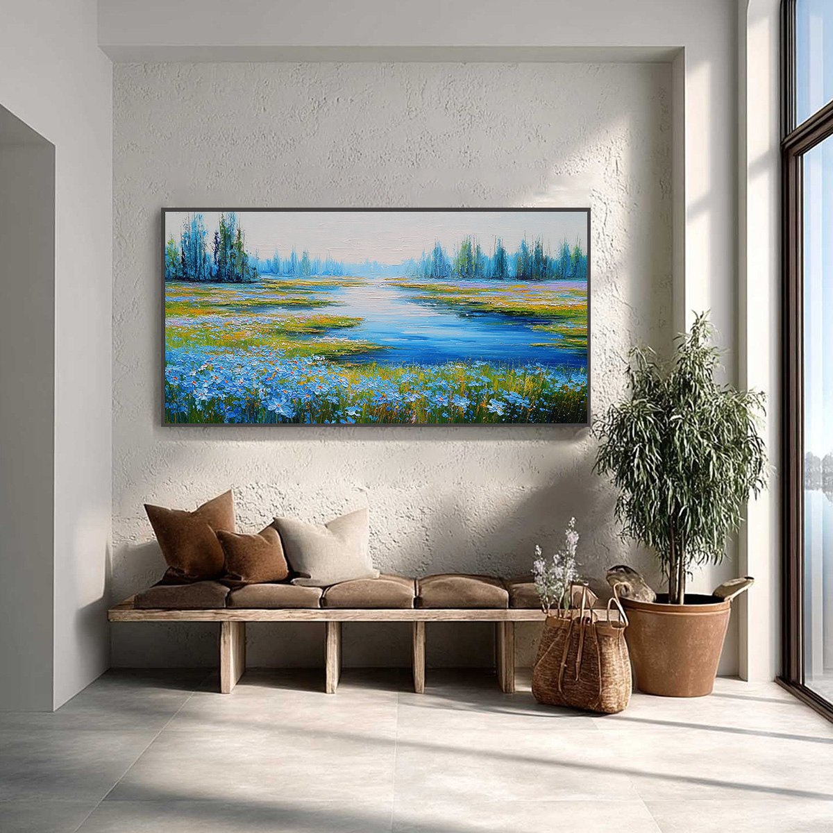 AZURE REVERIE: Textured Palette Knife Painting of a Serene Lakeside Meadow - Image 2