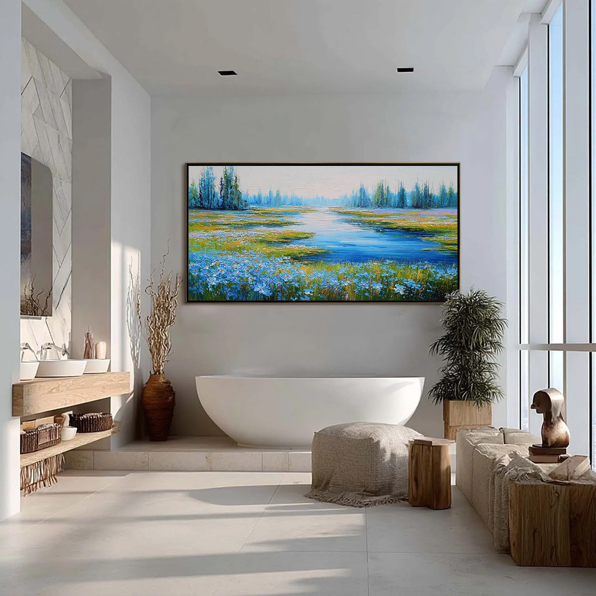 AZURE REVERIE: Textured Palette Knife Painting of a Serene Lakeside Meadow - Image 4