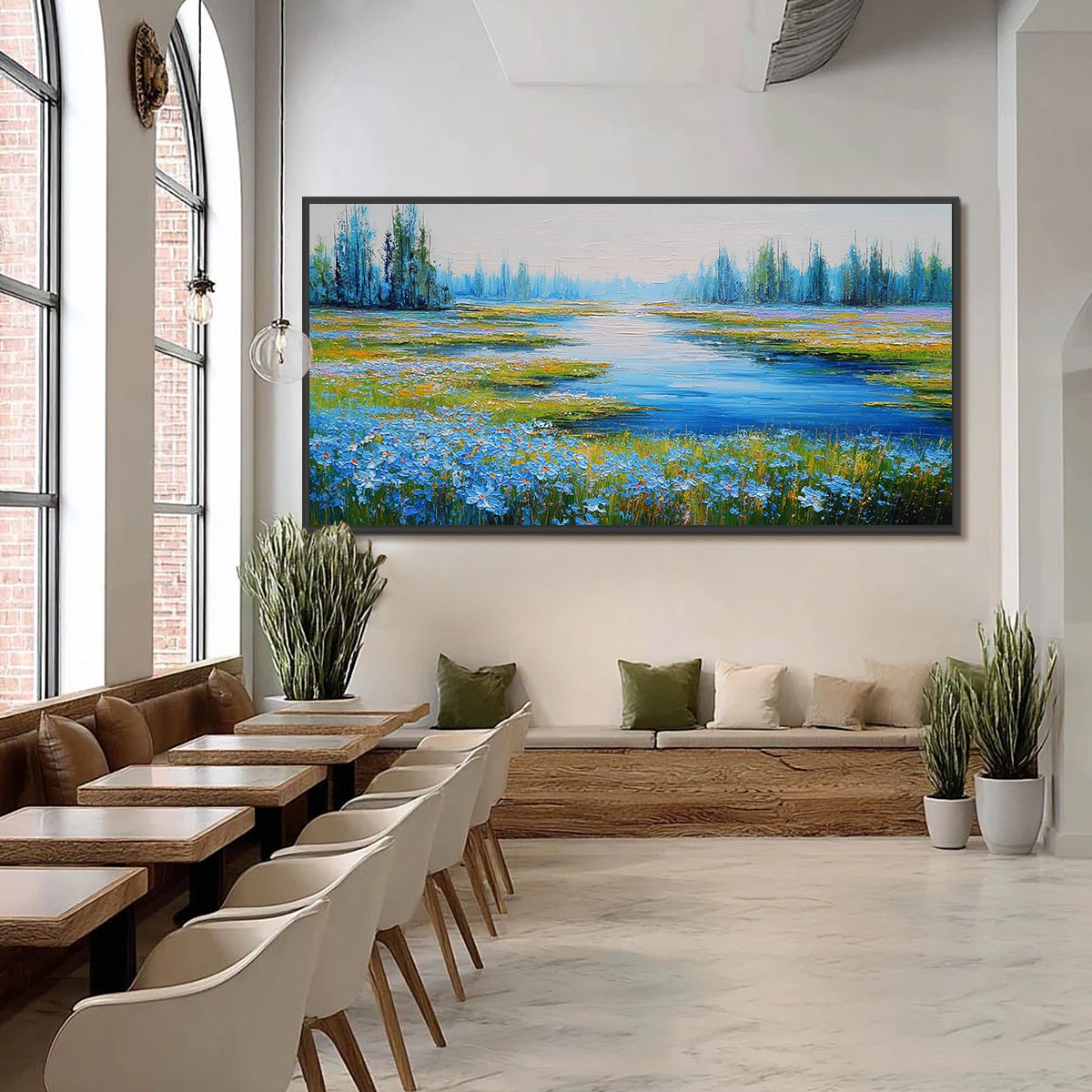 AZURE REVERIE: Textured Palette Knife Painting of a Serene Lakeside Meadow - Image 6